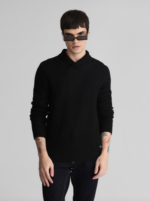 JACK & JONES Self Design Collared Neck Casual Men Black Sweater