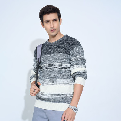 Peregrine by Pantaloons Striped Round Neck Casual Men White Sweater