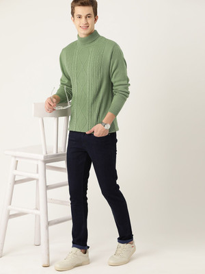 Mast & Harbour Self Design Turtle Neck Casual Men Green Sweater