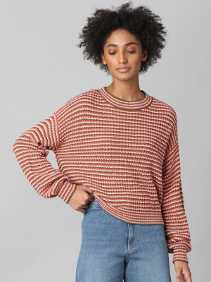 ONLY Striped Round Neck Casual Women Pink Sweater