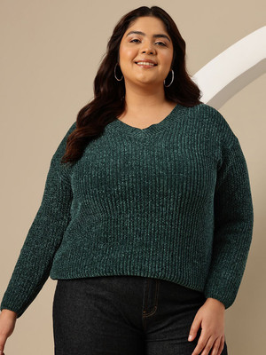 Sztori Self Design Round Neck Casual Women Green Sweater