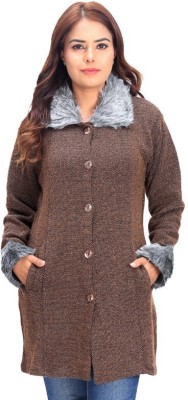 manra Self Design Collared Neck Casual Women Brown Sweater