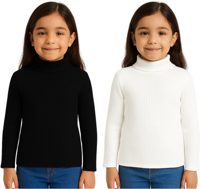 Chiclift Solid High Neck Casual Baby Girls Black, White Sweater