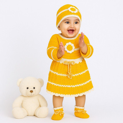 The Comfort Closet Self Design Round Neck Party Baby Girls Yellow Sweater