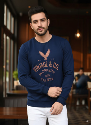 RIGO Printed Round Neck Casual Men Blue Sweater
