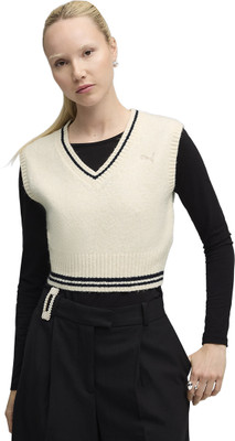 PUMA Solid V Neck Casual Women White Sweater