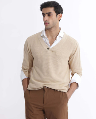 RARE RABBIT Self Design Collared Neck Casual Men Beige Sweater