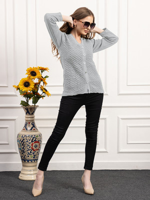 dadu dayal Self Design V Neck Party Women Grey Sweater