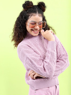 Tokyo Talkies Self Design High Neck Casual Women Pink Sweater