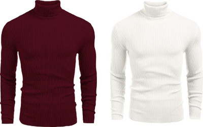 HouseOfCommon Solid High Neck Casual Men White, Brown Sweater