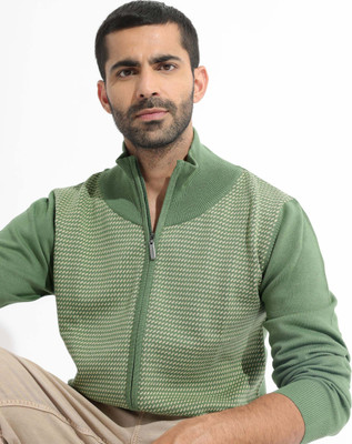RARE RABBIT Self Design High Neck Casual Men Green Sweater