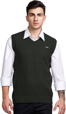 GODFREY Geometric Print V Neck Casual Men Green Sweater