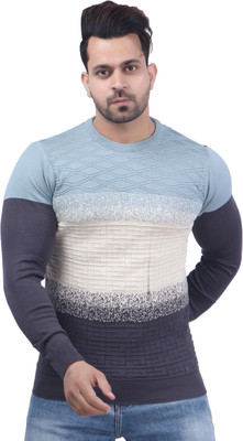 FEVERFEW Self Design Round Neck Casual Men Grey Sweater