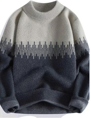 FitIn OutFit Self Design Round Neck Casual Men Grey Sweater