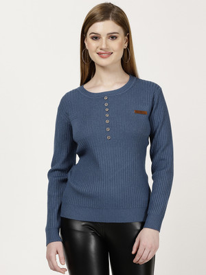 FUTURO Solid Boat Neck Casual Women Dark Blue Sweater