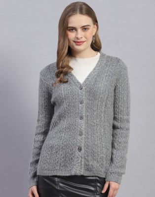 MONTE CARLO Solid V Neck Casual Women Grey Sweater