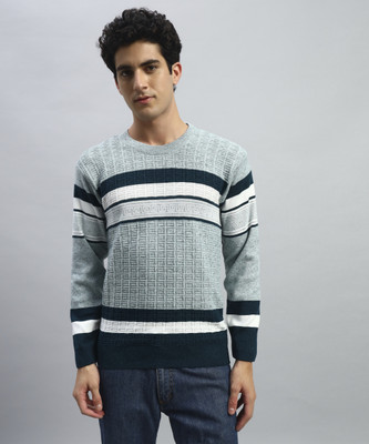 Cluzive Striped Round Neck Casual Men Light Green Sweater