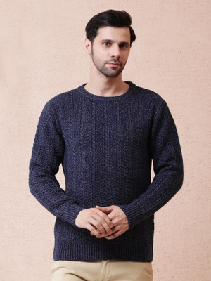 NOQUO Solid, Self Design Round Neck Casual Men Dark Blue Sweater