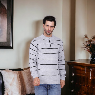 AXOLOTL Striped Round Neck Casual Men Grey Sweater