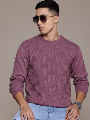 Roadster Self Design Round Neck Casual Men Maroon Sweater