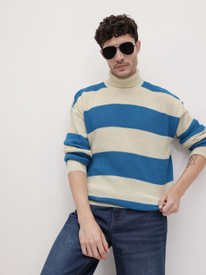 Roadster Striped Turtle Neck Casual Men White Sweater