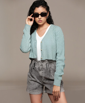 Roadster Self Design V Neck Casual Women Green Sweater