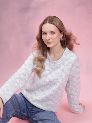 Dressberry Self Design Round Neck Casual Women Blue, White Sweater