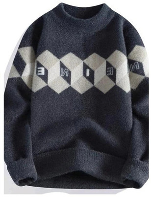Keenuu Self Design, Printed High Neck Casual Men Grey Sweater