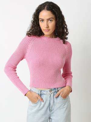 VERO MODA Solid Round Neck Casual Women Pink Sweater