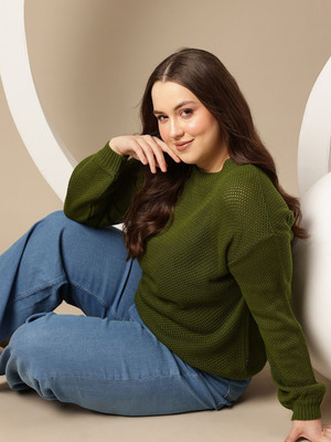 Sztori Self Design Round Neck Casual Women Green Sweater