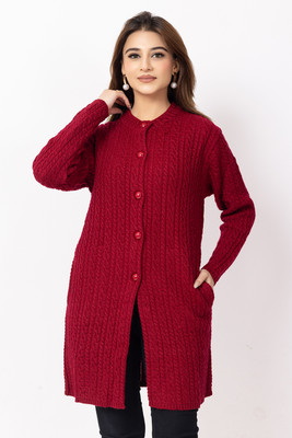 Dodge Self Design Mandarin Neck Casual Women Maroon Sweater
