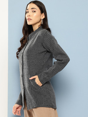 MUHURATAM Solid Collared Neck Casual Women Black Sweater