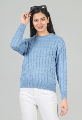 WOOLBERRY Self Design Round Neck Casual Women Light Blue Sweater