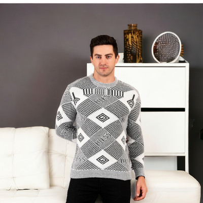 FUKUSO Geometric Print Round Neck Casual Men Black Sweater