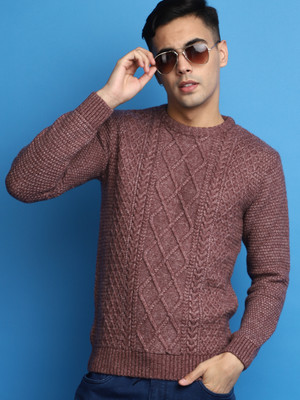 V-MART Self Design Round Neck Casual Men Maroon, Maroon Sweater