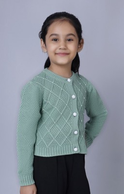 Joe Hazel Self Design Round Neck Casual Girls Green Sweater