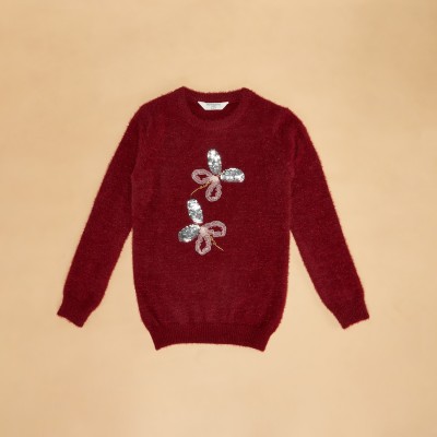 Pantaloons Junior Embellished Round Neck Casual Girls Maroon Sweater