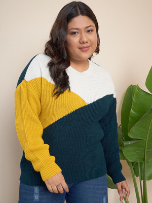 CURVY STREET Colorblock Round Neck Casual Women Multicolor Sweater