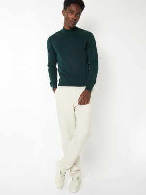 MAX Striped Round Neck Casual Men Green Sweater