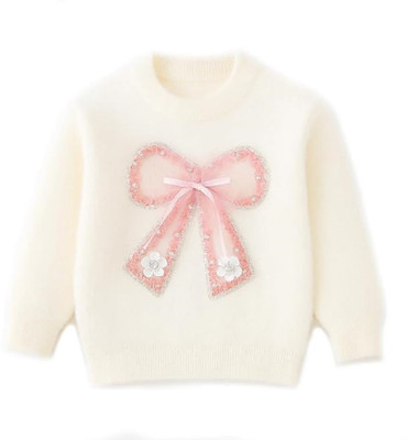 Bold N Elegant Self Design Round Neck Party Girls White Sweater