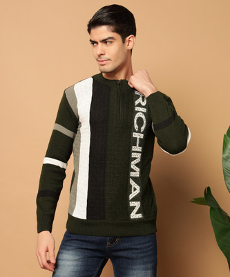 HELL BOUND Colorblock Round Neck Casual Men Dark Green Sweater