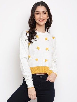 LATIN QUARTERS Printed Round Neck Casual Women Yellow, White Sweater