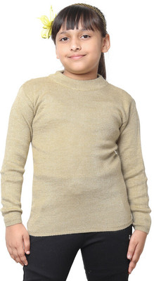 KAVYA Solid Round Neck Casual Girls Beige Sweater