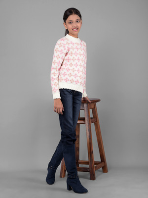 CRIMSOUNE CLUB Printed Round Neck Casual Girls White, Pink Sweater