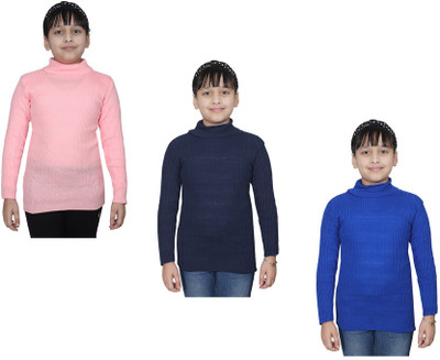 IndiWeaves Self Design High Neck Casual Girls Multicolor Sweater
