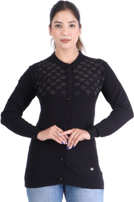 Frankfurt Self Design Round Neck Casual Women Black Sweater