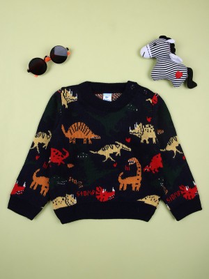 V-MART Printed Round Neck Casual Baby Boys Dark Blue Sweater