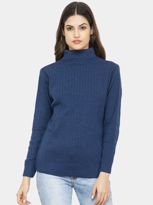 KVETOO Solid High Neck Casual Women Blue Sweater