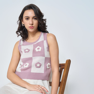 Akkriti by Pantaloons Printed Round Neck Casual Women Pink Sweater