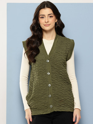 Aarika Self Design V Neck Casual Women Green Sweater